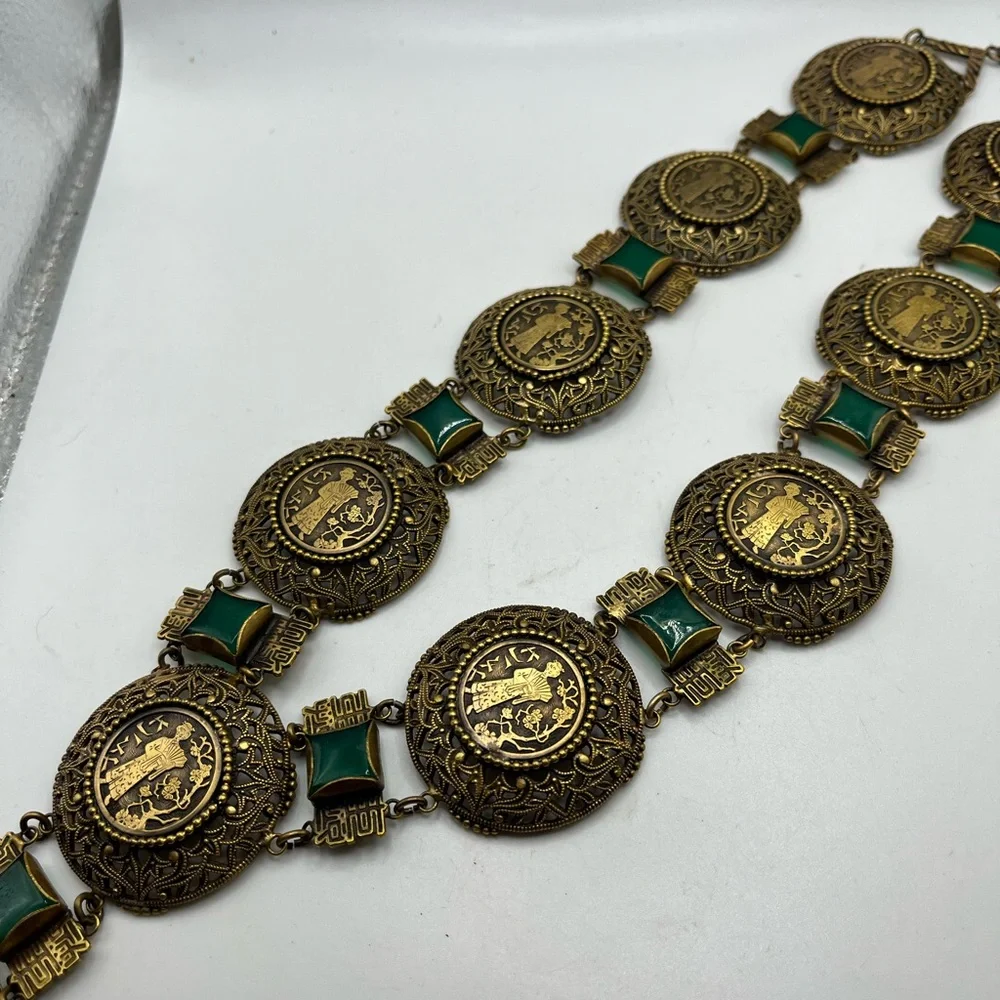 RARE Joseff Of Hollywood Necklace Asian Motif Faux Chrysoprase 32” long - Picture 7 of 14